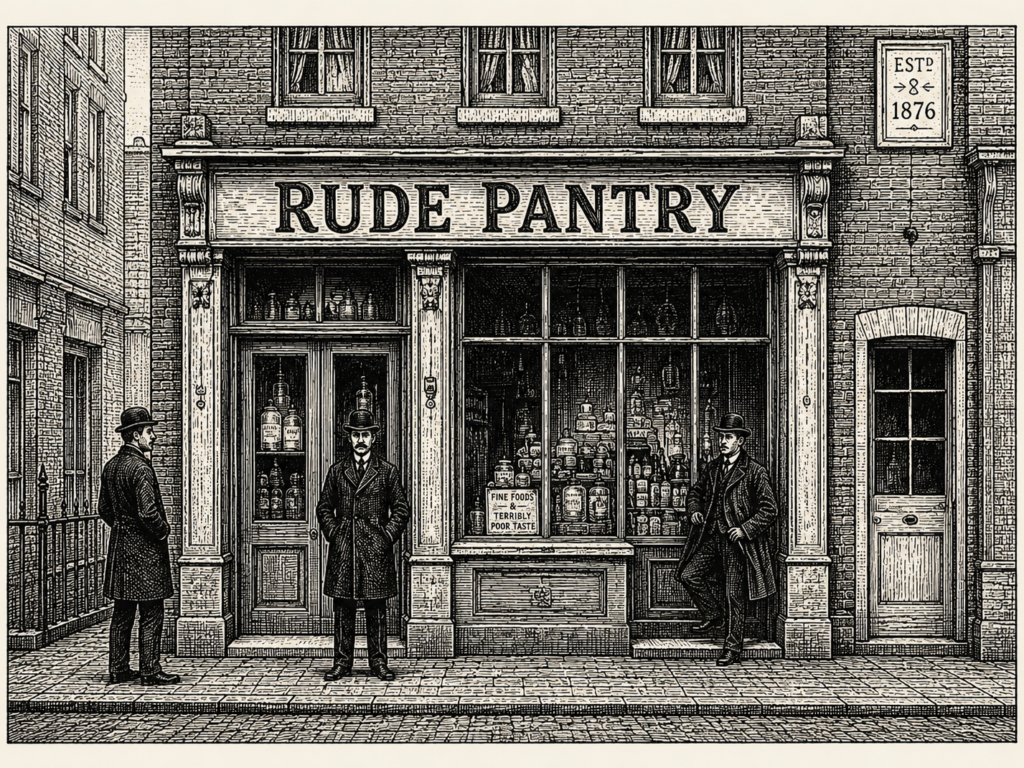 Victorian engraving of the original Rude Pantry provisions shop